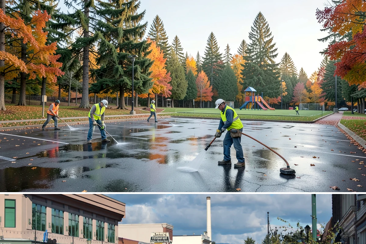Transit Facility Grounds Maintenance in Monroe, Snohomish County, WA - Leaf and debris management peak in autumn when falling foliage threatens platform slip hazards and drain blockages.