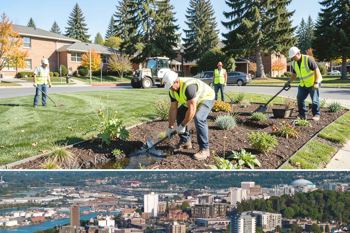 Transit Facility Grounds Maintenance in Tacoma, Pierce County, WA - Leaf and debris management peak in autumn when falling foliage threatens platform slip hazards and drain blockages.