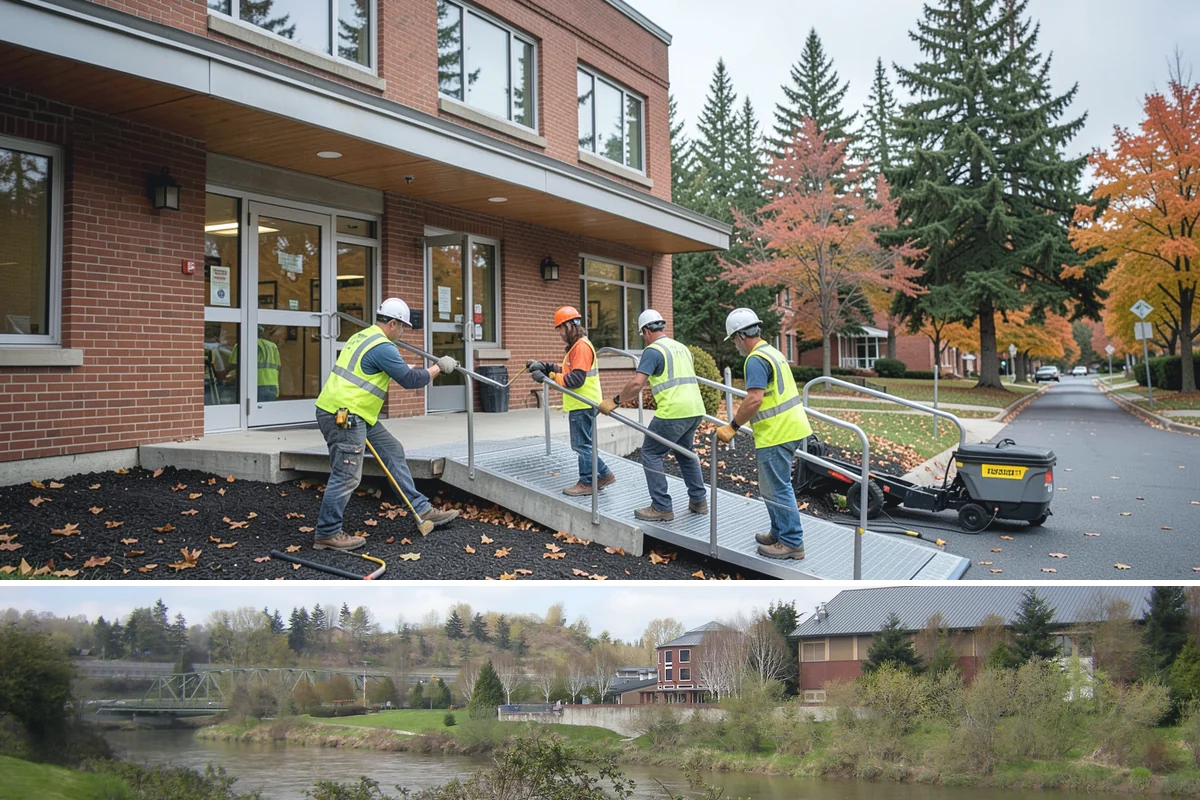 Transit Facility Grounds Maintenance in Tukwila, King County, WA - Leaf and debris management peak in autumn when falling foliage threatens platform slip hazards and drain blockages.