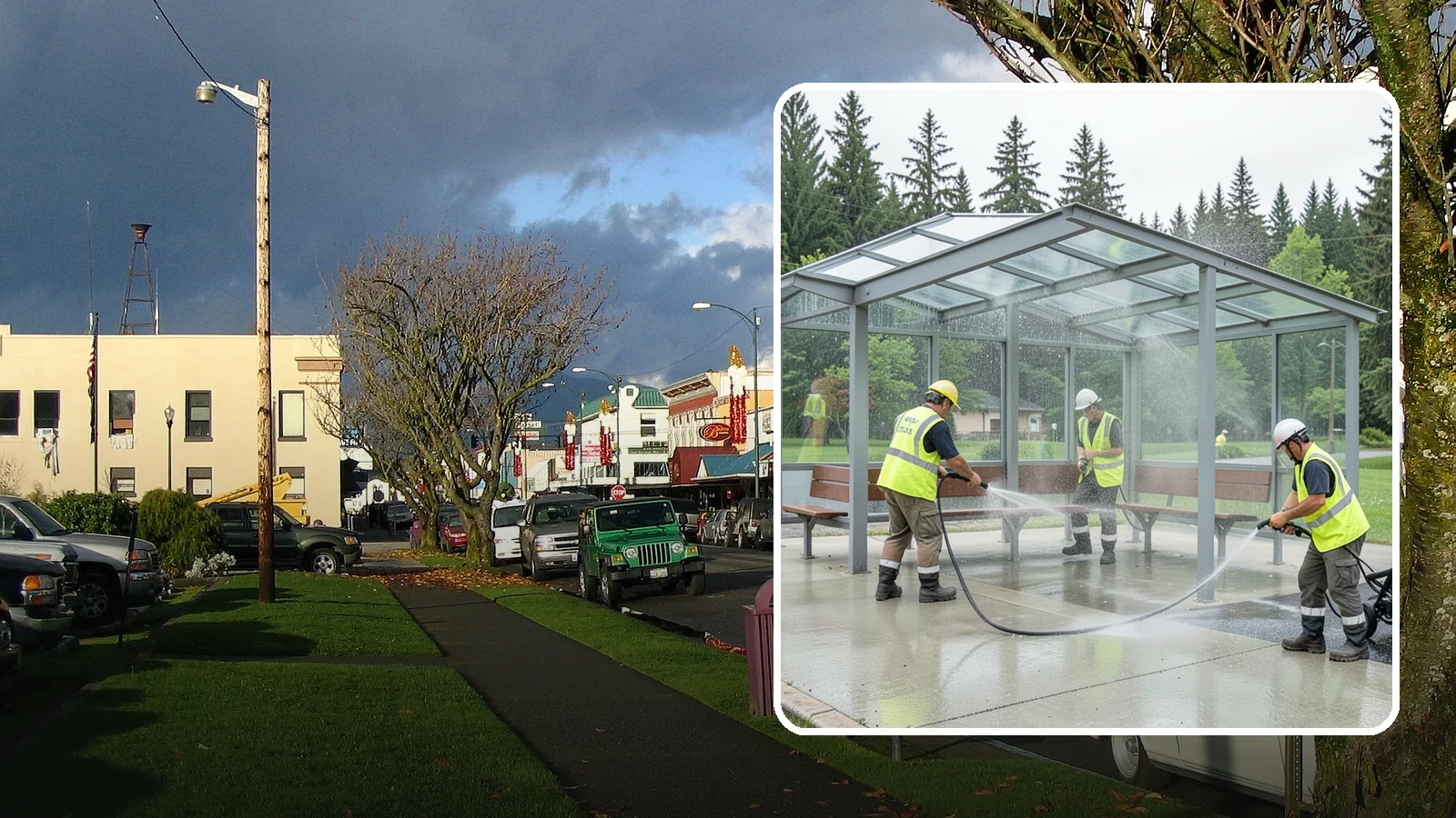 Transit Shelter Washing in Arlington, Snohomish County, WA - Wash transit shelters inside and out, including glass, roofs, and seating, for a clean and safe waiting environment.