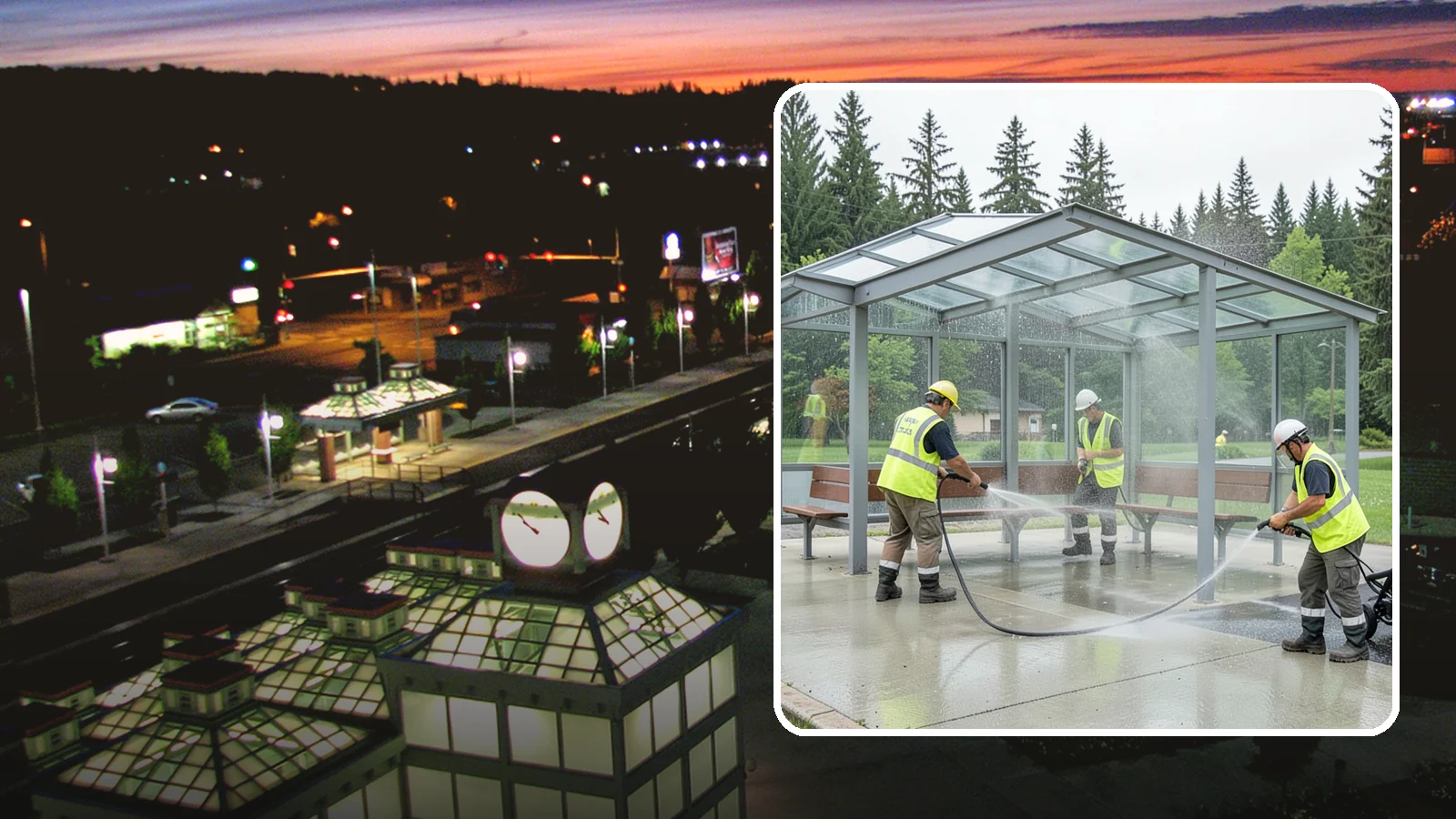 Transit Shelter Washing in Auburn, King County, WA - Wash transit shelters inside and out, including glass, roofs, and seating, for a clean and safe waiting environment.