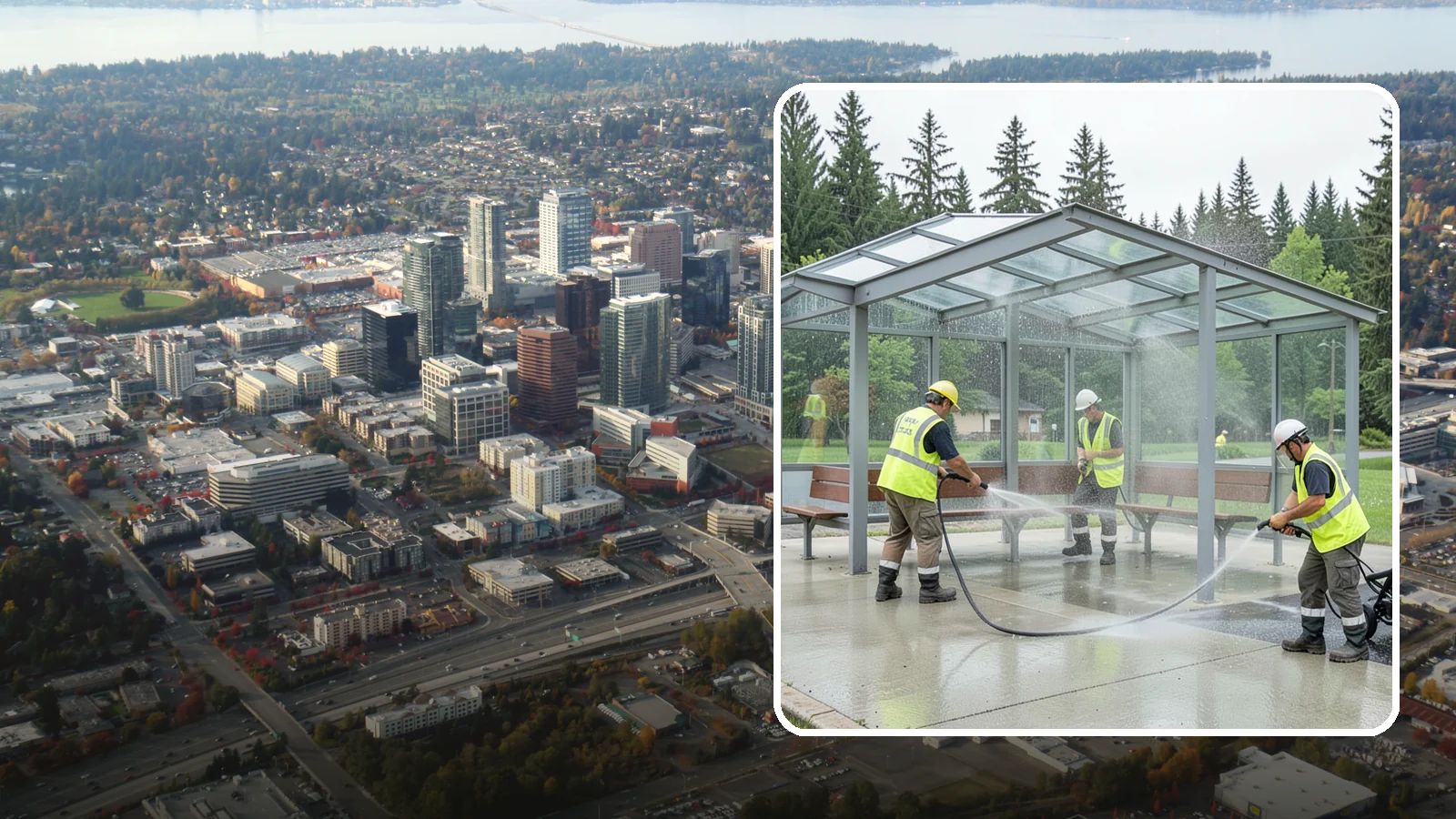 Transit Shelter Washing in Bellevue, King County, WA - Wash transit shelters inside and out, including glass, roofs, and seating, for a clean and safe waiting environment.