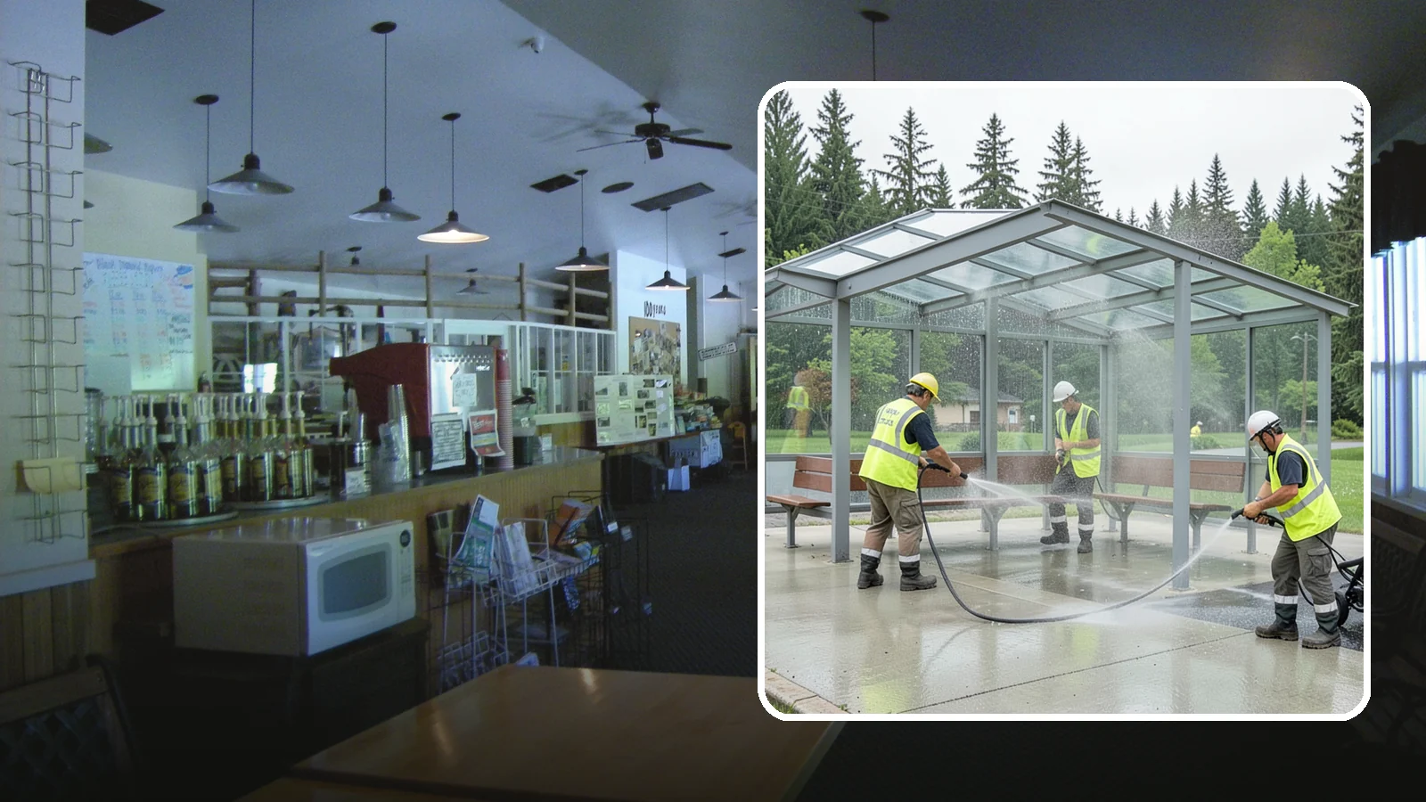 Transit Shelter Washing in Black Diamond, King County, WA - Wash transit shelters inside and out, including glass, roofs, and seating, for a clean and safe waiting environment.