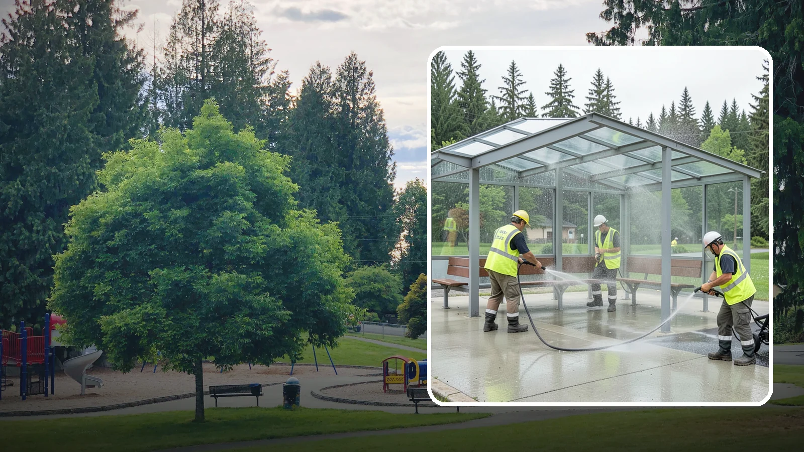 Transit Shelter Washing in Bonney Lake, Pierce County, WA - Wash transit shelters inside and out, including glass, roofs, and seating, for a clean and safe waiting environment.