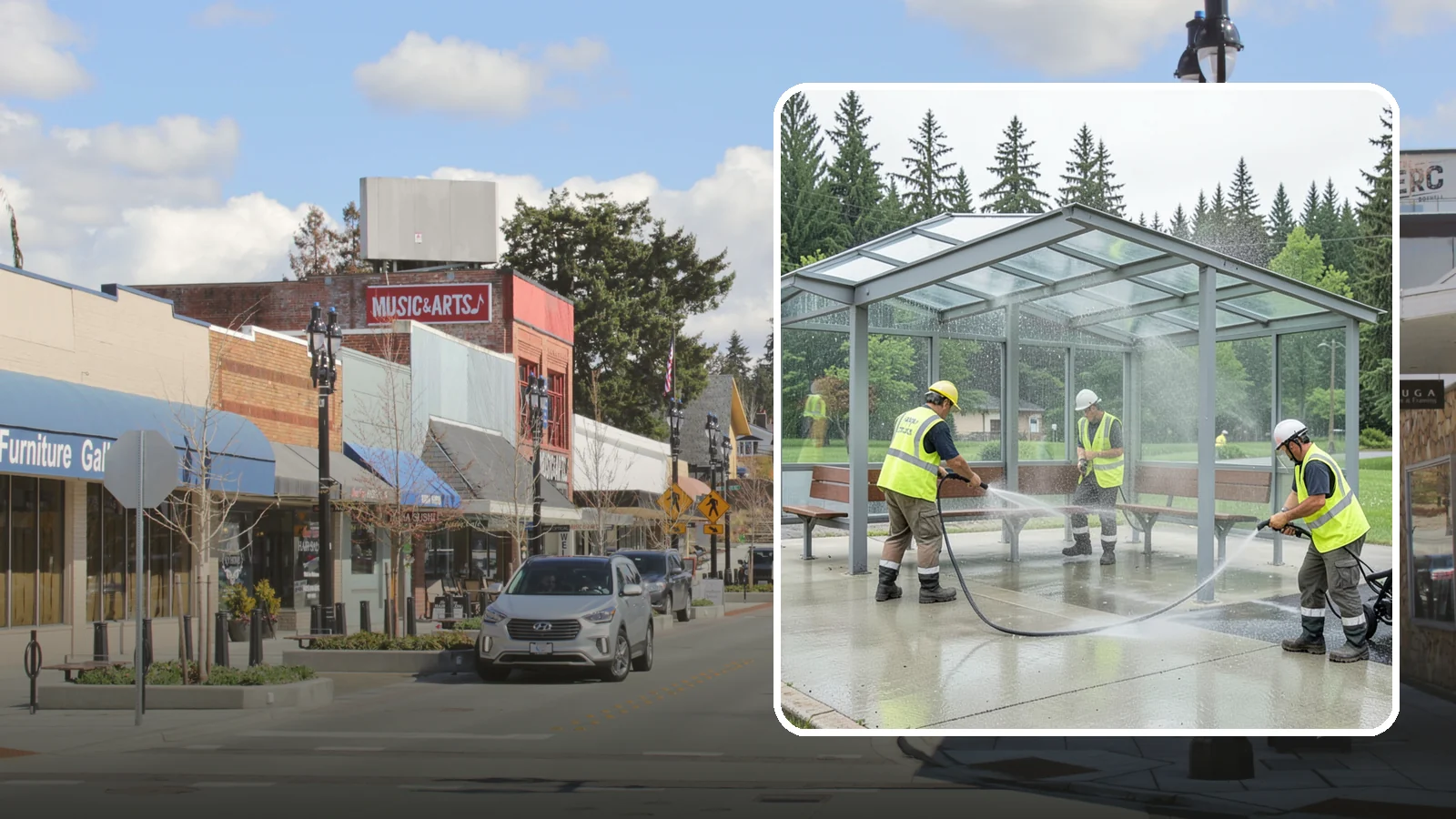 Transit Shelter Washing in Bothell, King County, WA - Wash transit shelters inside and out, including glass, roofs, and seating, for a clean and safe waiting environment.