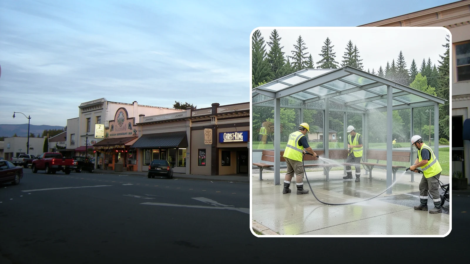 Transit Shelter Washing in Burlington, Skagit County, WA - Wash transit shelters inside and out, including glass, roofs, and seating, for a clean and safe waiting environment.