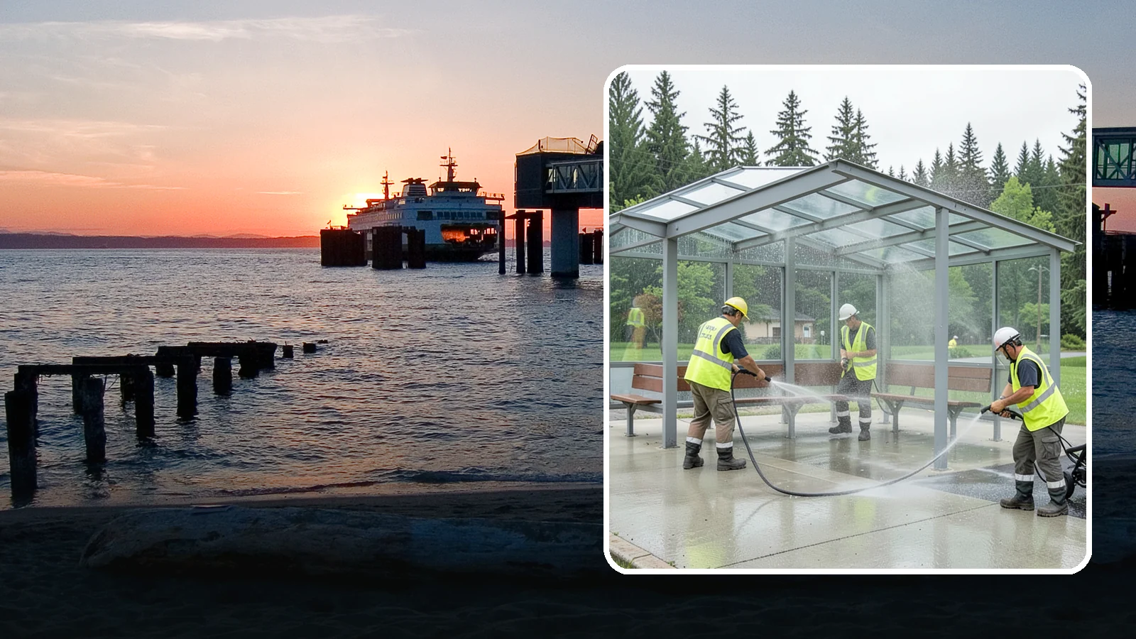 Transit Shelter Washing in Edmonds, Snohomish County, WA - Wash transit shelters inside and out, including glass, roofs, and seating, for a clean and safe waiting environment.