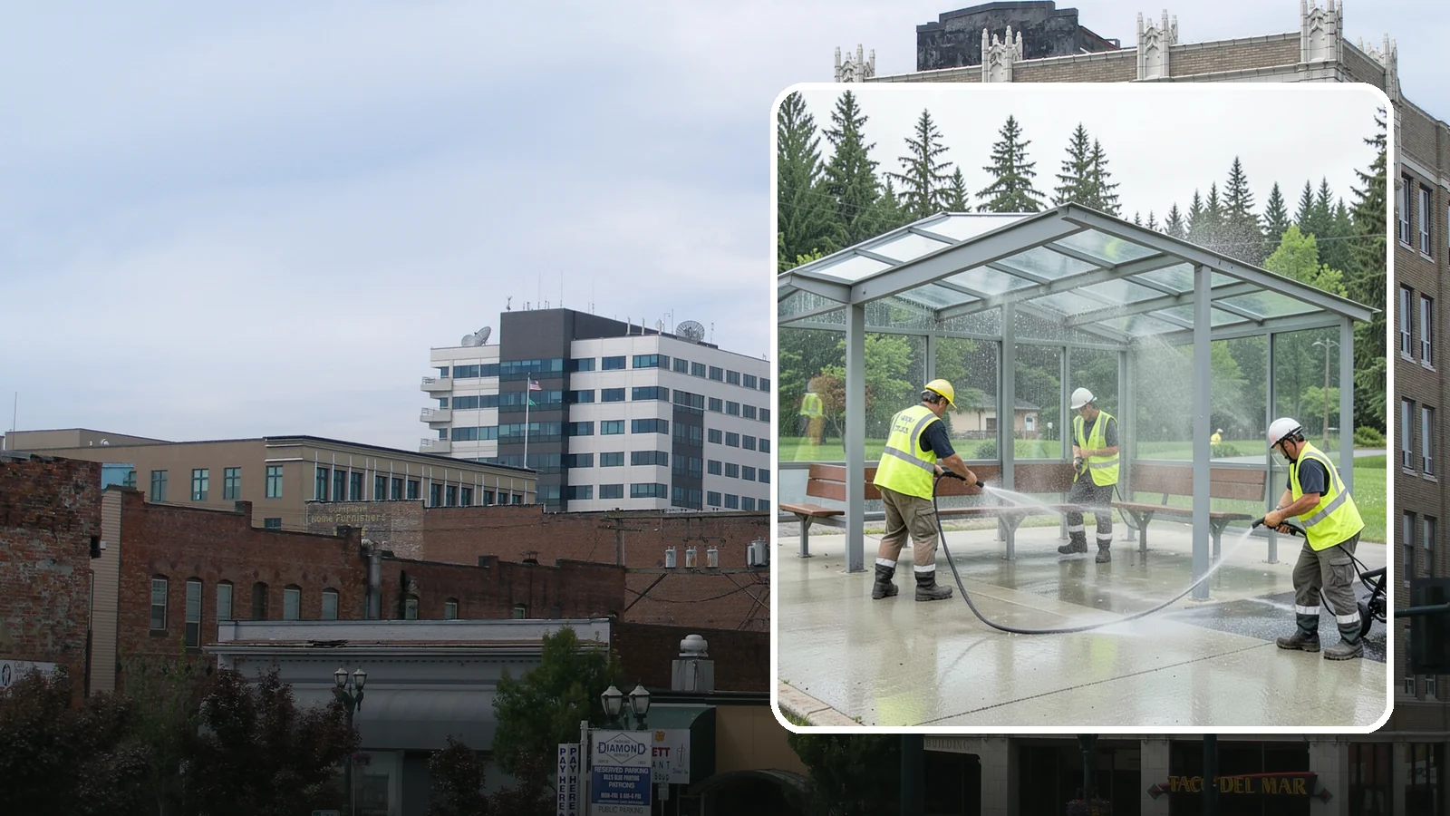 Transit Shelter Washing in Everett, Snohomish County, WA - Wash transit shelters inside and out, including glass, roofs, and seating, for a clean and safe waiting environment.