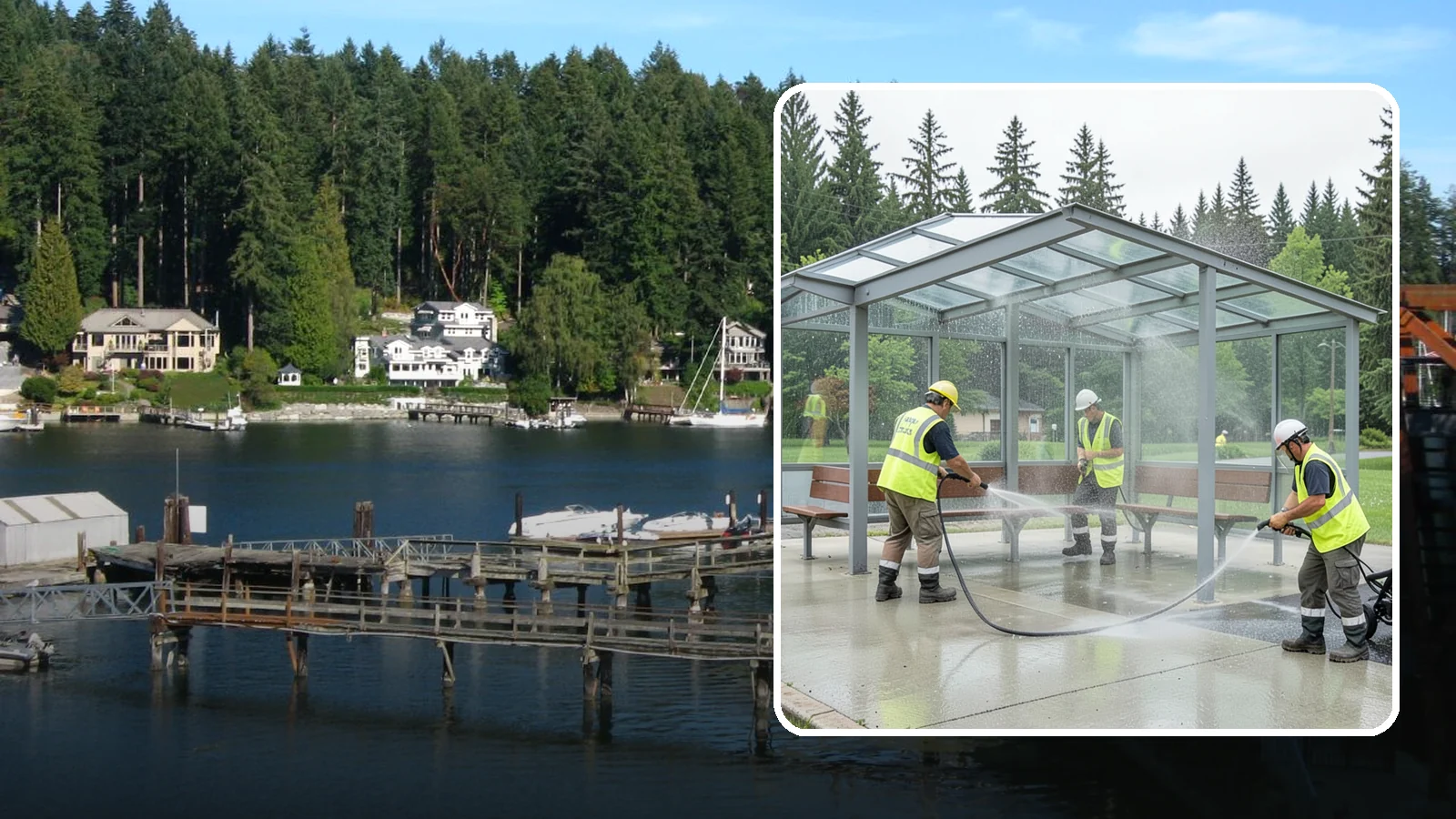 Transit Shelter Washing in Gig Harbor, Pierce County, WA - Wash transit shelters inside and out, including glass, roofs, and seating, for a clean and safe waiting environment.