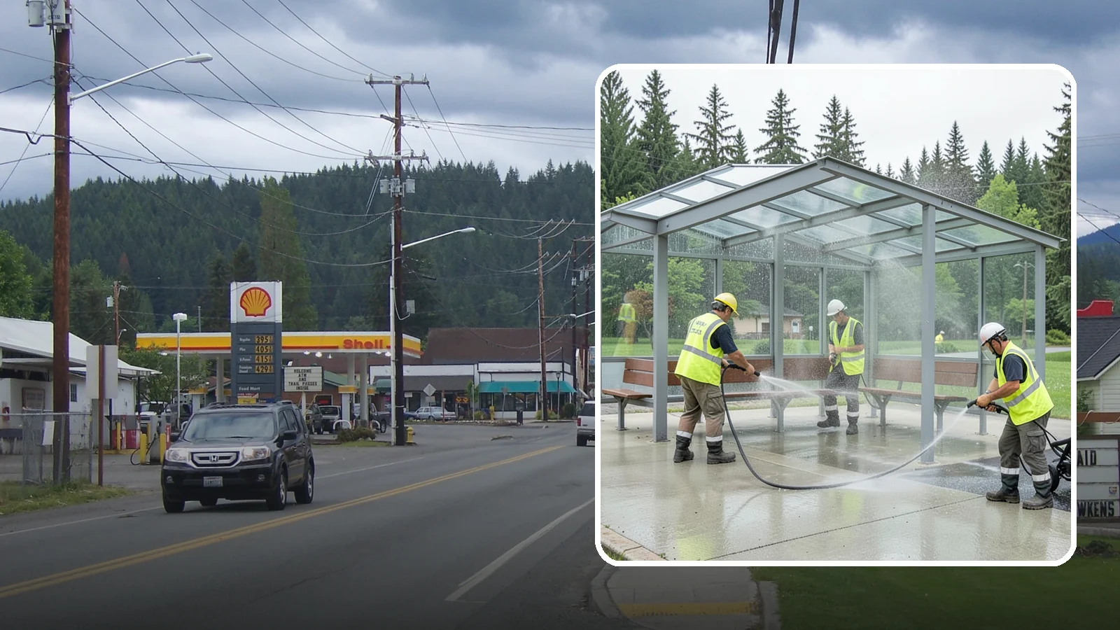 Transit Shelter Washing in Granite Falls, Snohomish County, WA - Wash transit shelters inside and out, including glass, roofs, and seating, for a clean and safe waiting environment.