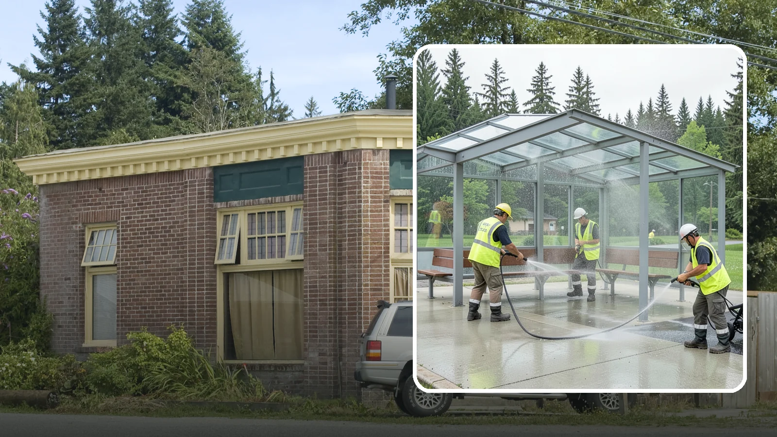 Transit Shelter Washing in Hamilton, Skagit County, WA - Wash transit shelters inside and out, including glass, roofs, and seating, for a clean and safe waiting environment.