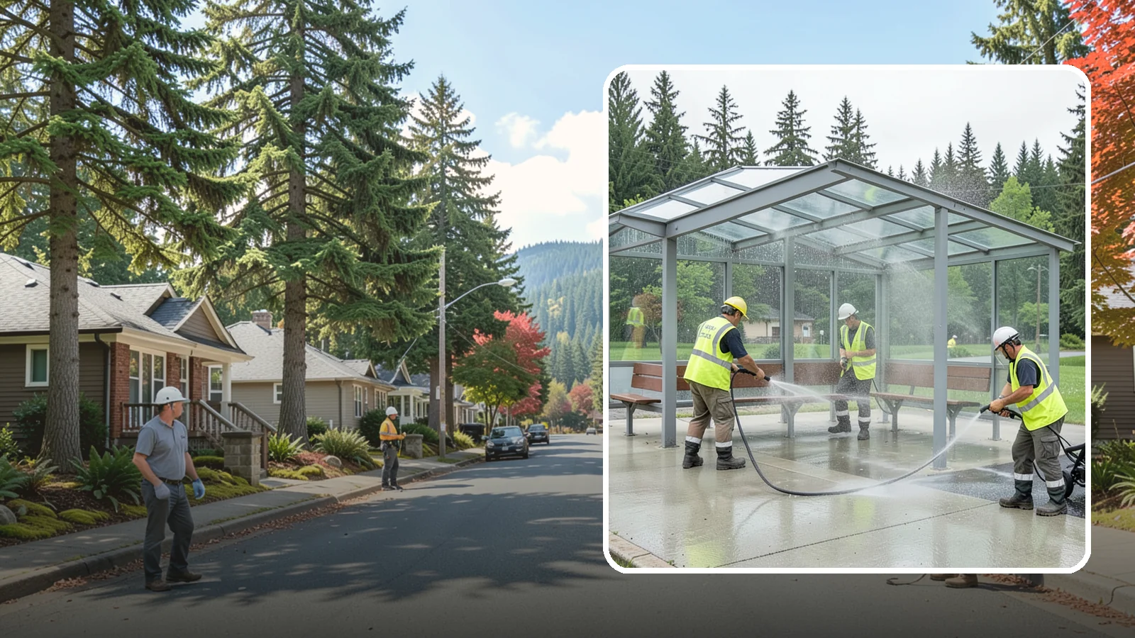 Transit Shelter Washing in Hunts Point, King County, WA - Wash transit shelters inside and out, including glass, roofs, and seating, for a clean and safe waiting environment.