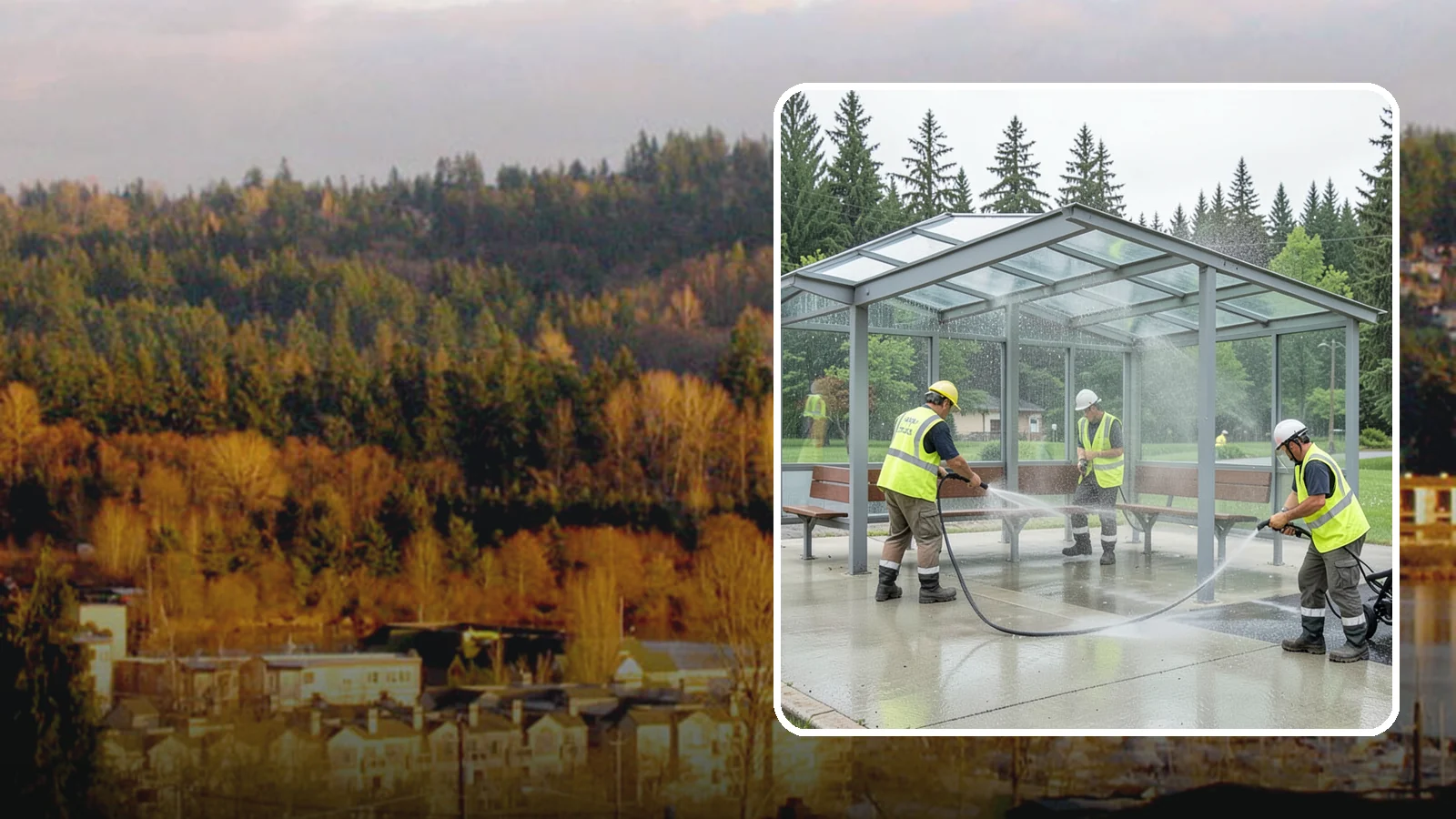 Transit Shelter Washing in Kenmore, King County, WA - Wash transit shelters inside and out, including glass, roofs, and seating, for a clean and safe waiting environment.