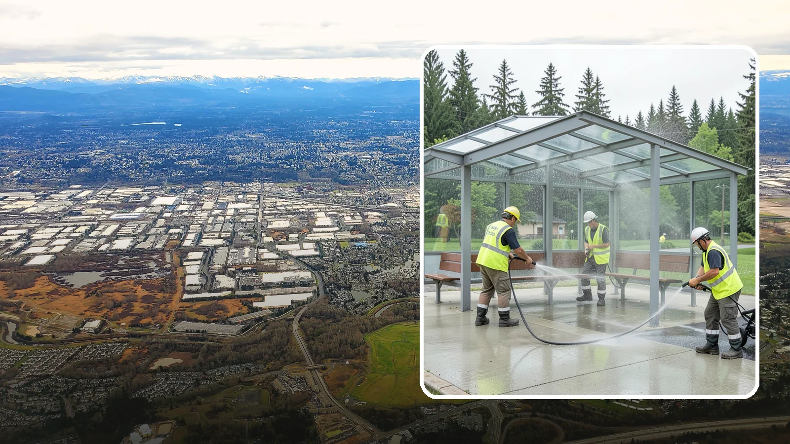 Transit Shelter Washing in Kent, King County, WA - Wash transit shelters inside and out, including glass, roofs, and seating, for a clean and safe waiting environment.