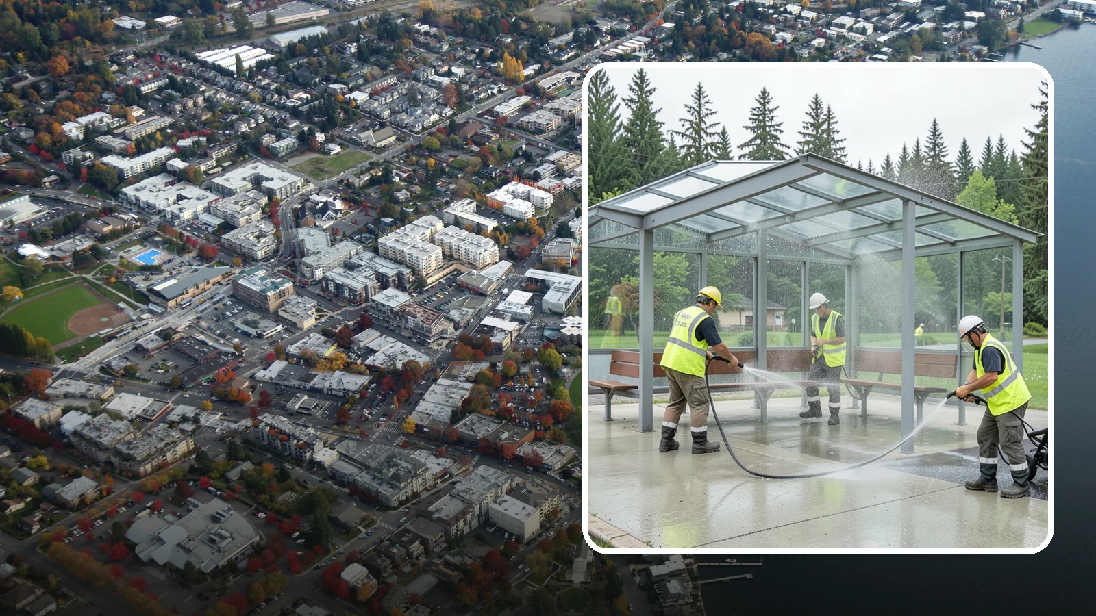 Transit Shelter Washing in Kirkland, King County, WA - Wash transit shelters inside and out, including glass, roofs, and seating, for a clean and safe waiting environment.