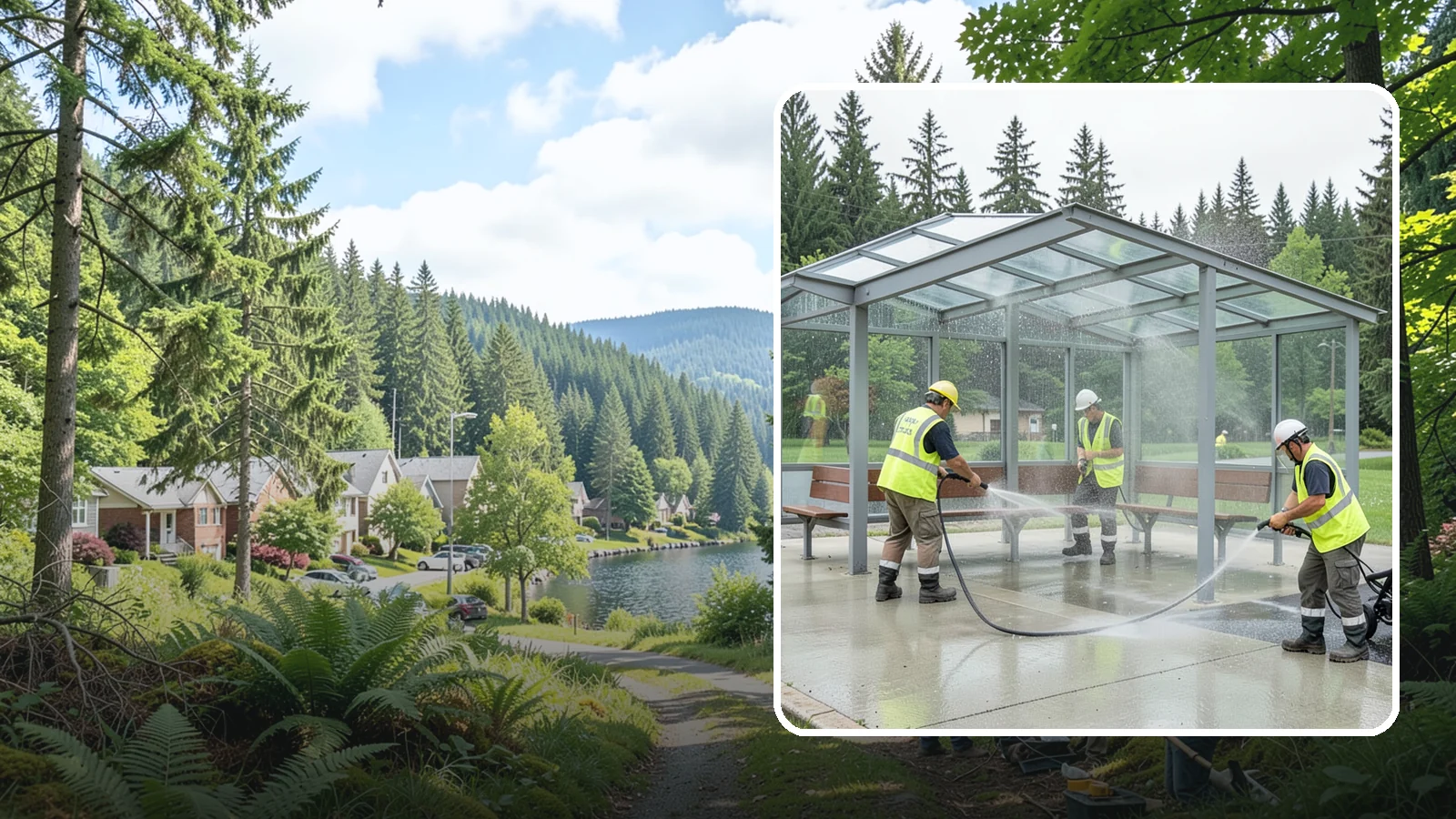 Transit Shelter Washing in Lake Forest Park, King County, WA - Wash transit shelters inside and out, including glass, roofs, and seating, for a clean and safe waiting environment.