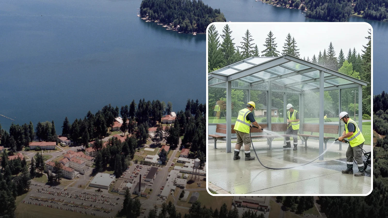Transit Shelter Washing in Lakewood, Pierce County, WA - Wash transit shelters inside and out, including glass, roofs, and seating, for a clean and safe waiting environment.