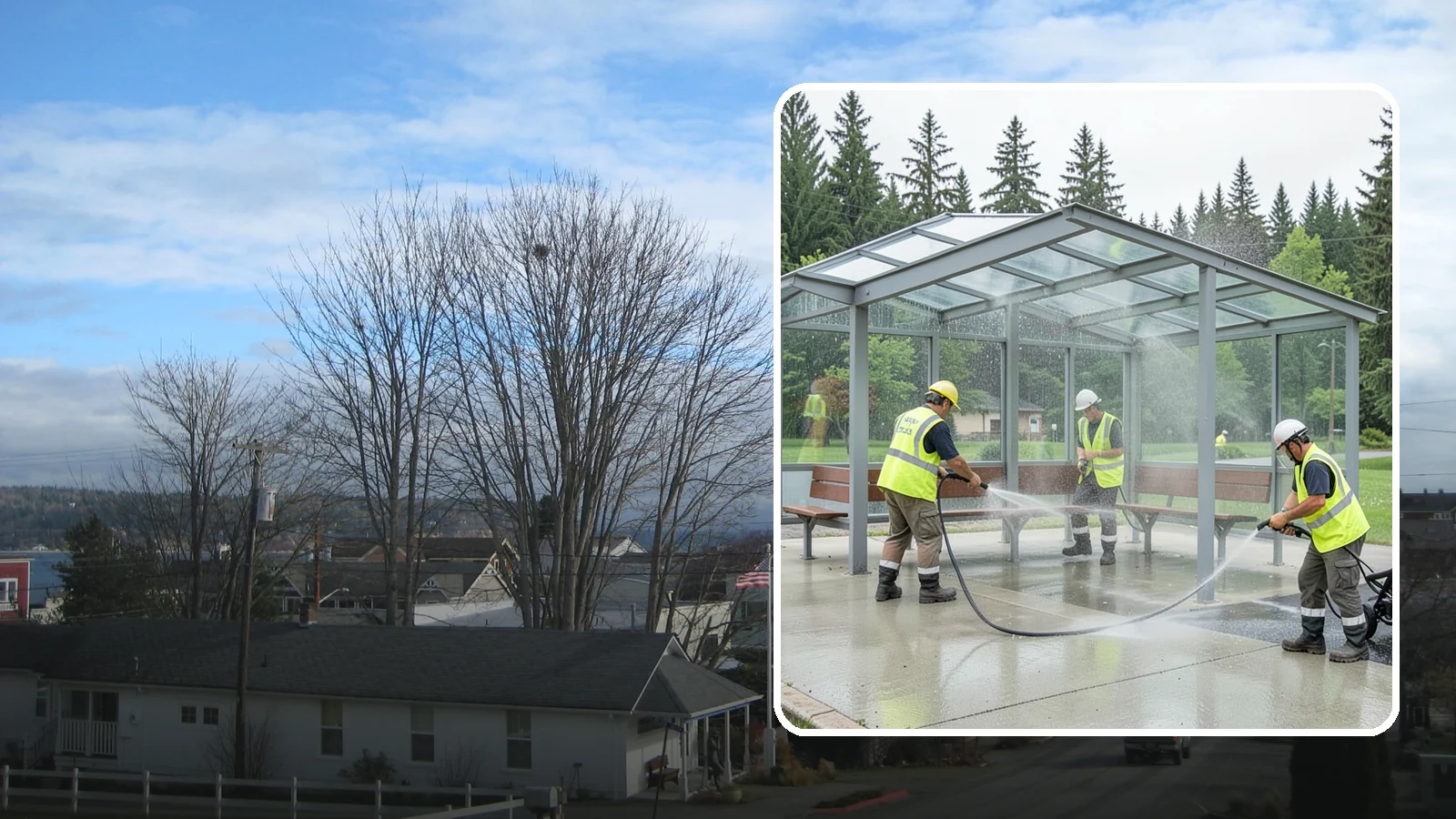 Transit Shelter Washing in Langley, Island County, WA - Wash transit shelters inside and out, including glass, roofs, and seating, for a clean and safe waiting environment.