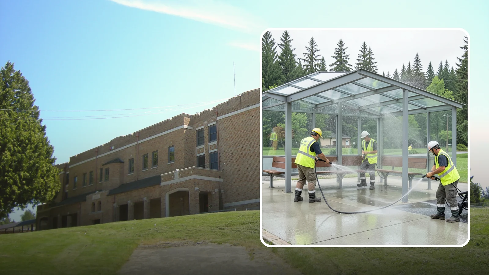 Transit Shelter Washing in Maple Valley, King County, WA - Wash transit shelters inside and out, including glass, roofs, and seating, for a clean and safe waiting environment.