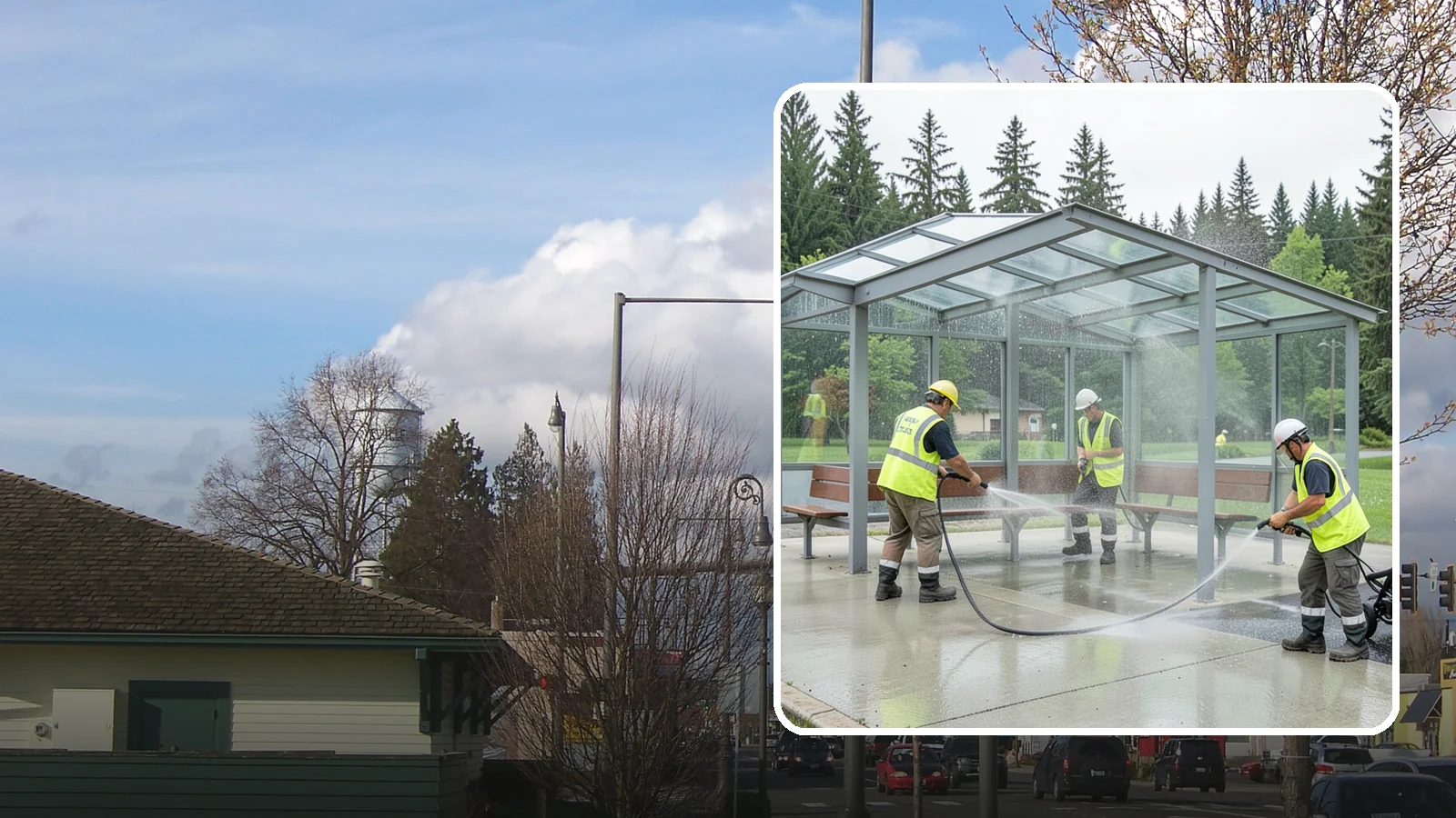 Transit Shelter Washing in Marysville, Snohomish County, WA - Wash transit shelters inside and out, including glass, roofs, and seating, for a clean and safe waiting environment.