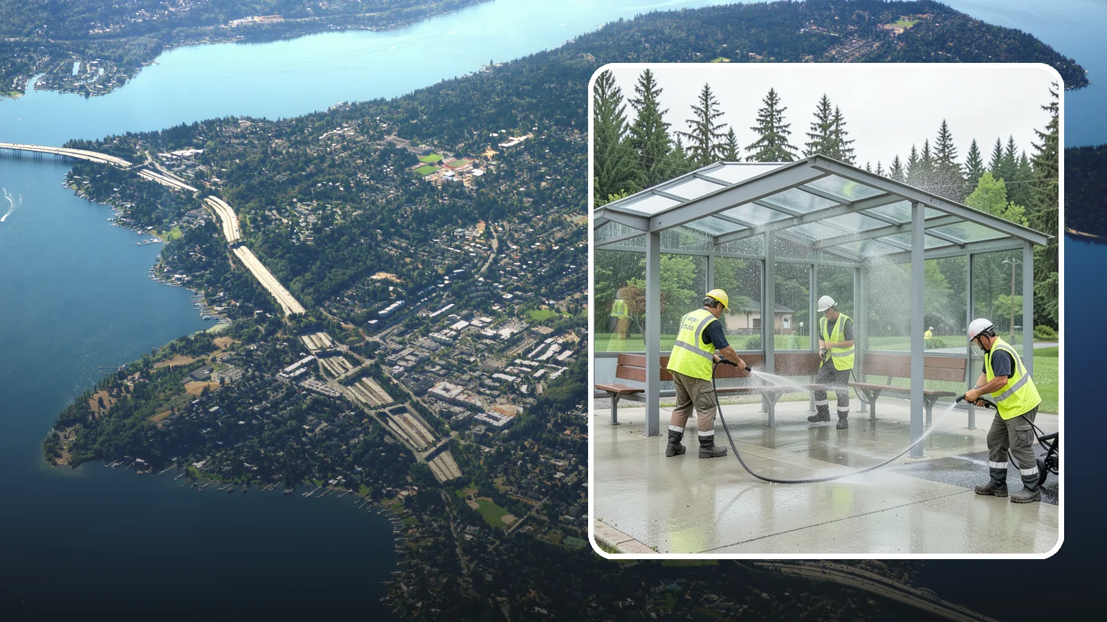 Transit Shelter Washing in Mercer Island, King County, WA - Wash transit shelters inside and out, including glass, roofs, and seating, for a clean and safe waiting environment.