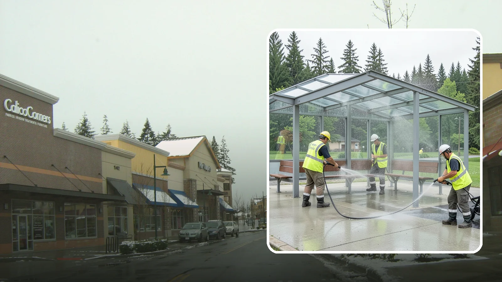 Transit Shelter Washing in Mill Creek, Snohomish County, WA - Wash transit shelters inside and out, including glass, roofs, and seating, for a clean and safe waiting environment.