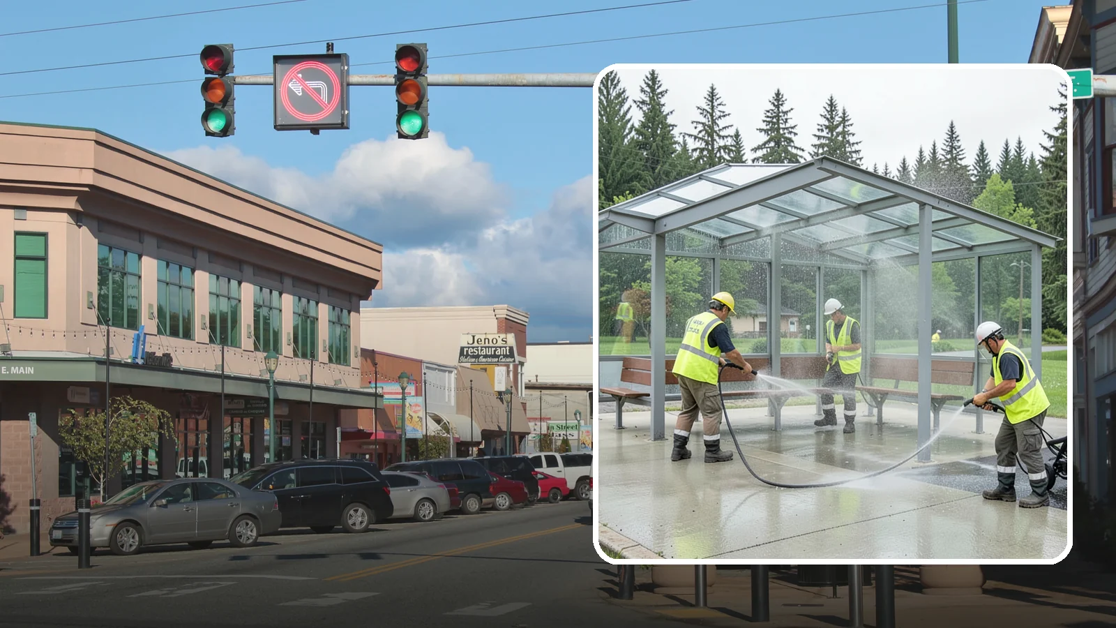 Transit Shelter Washing in Monroe, Snohomish County, WA - Wash transit shelters inside and out, including glass, roofs, and seating, for a clean and safe waiting environment.