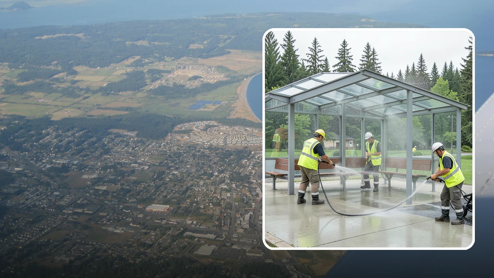 Transit Shelter Washing in Oak Harbor, Island County, WA - Wash transit shelters inside and out, including glass, roofs, and seating, for a clean and safe waiting environment.