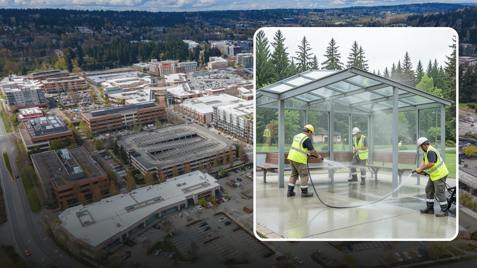Transit Shelter Washing in Redmond, King County, WA - Wash transit shelters inside and out, including glass, roofs, and seating, for a clean and safe waiting environment.