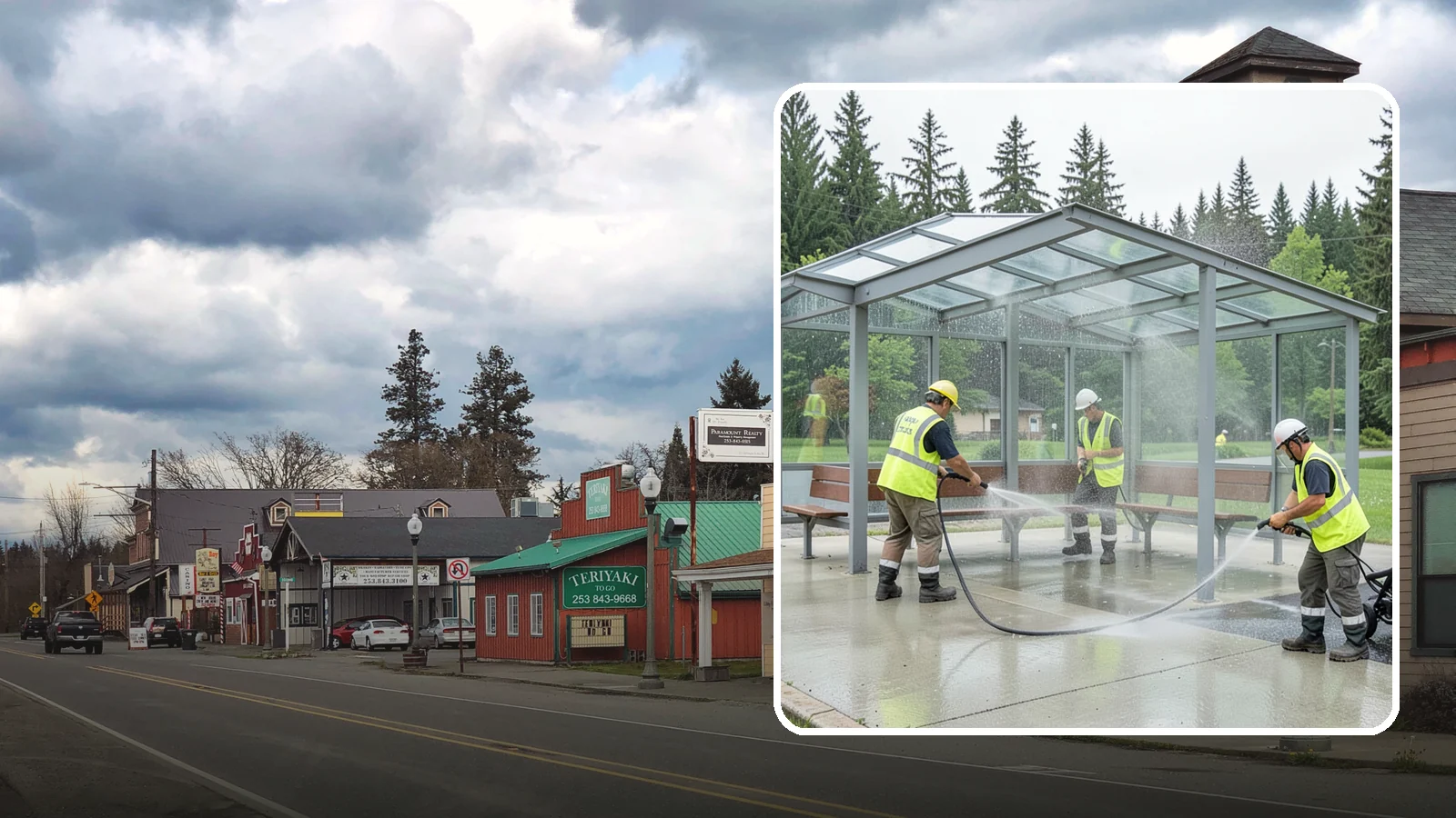 Transit Shelter Washing in Roy, Pierce County, WA - Wash transit shelters inside and out, including glass, roofs, and seating, for a clean and safe waiting environment.