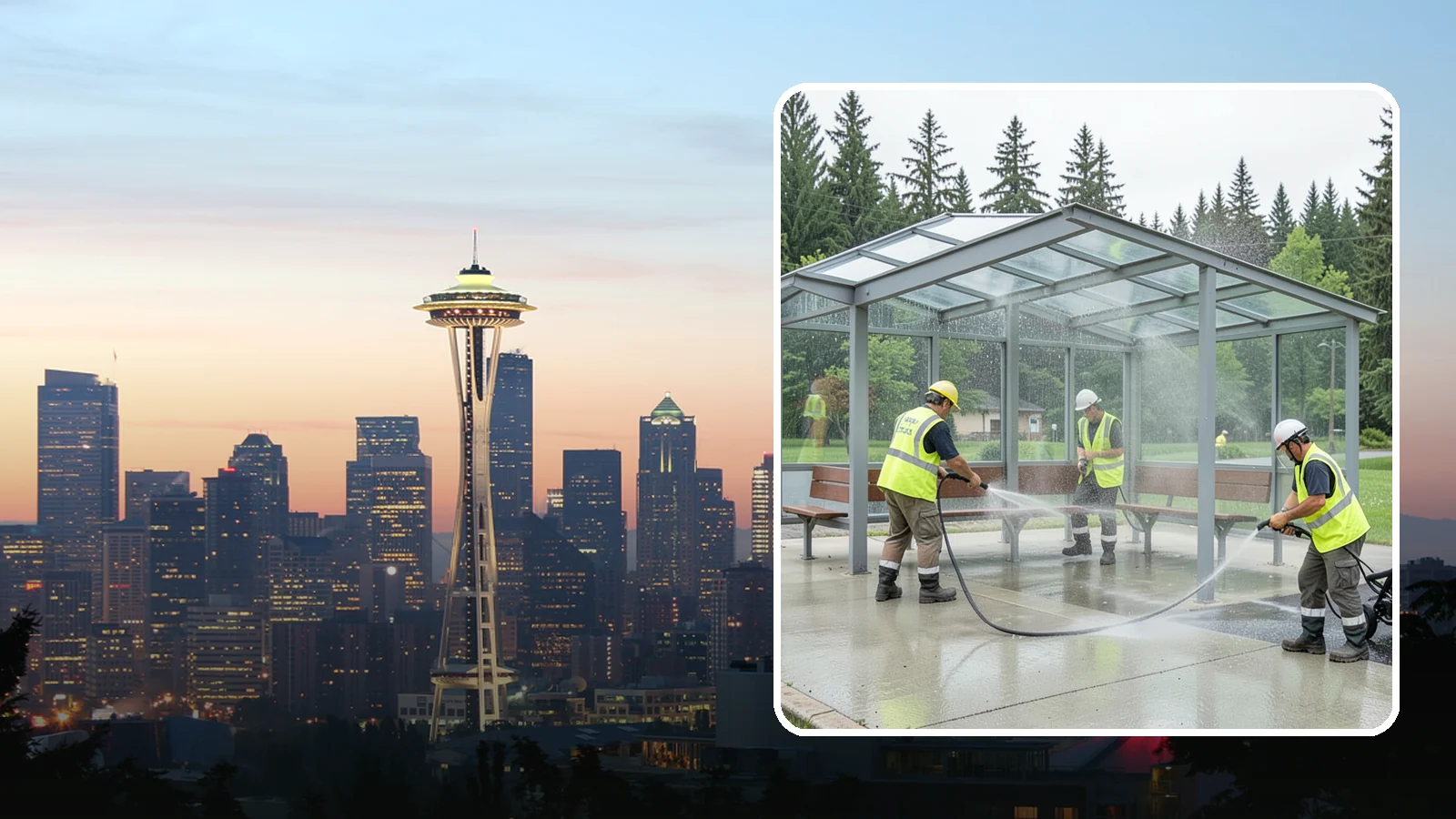 Transit Shelter Washing in Seattle, King County, WA - Wash transit shelters inside and out, including glass, roofs, and seating, for a clean and safe waiting environment.