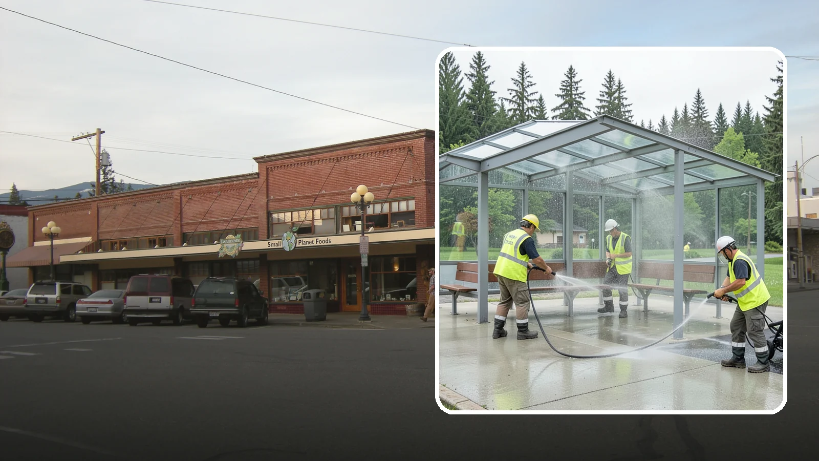 Transit Shelter Washing in Sedro-Woolley, Skagit County, WA - Wash transit shelters inside and out, including glass, roofs, and seating, for a clean and safe waiting environment.
