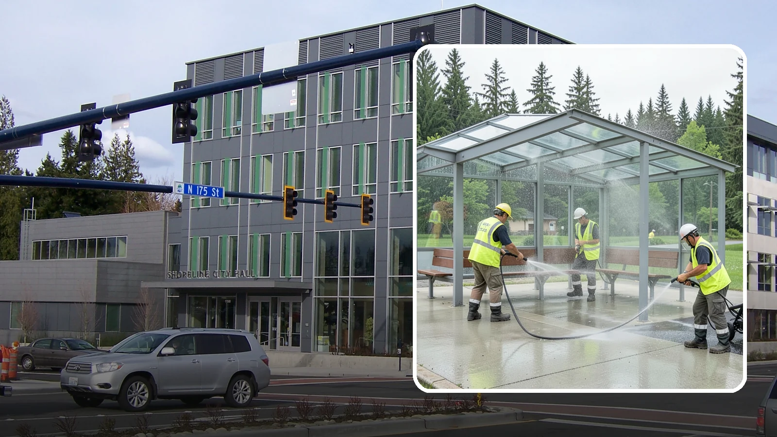 Transit Shelter Washing in Shoreline, King County, WA - Wash transit shelters inside and out, including glass, roofs, and seating, for a clean and safe waiting environment.