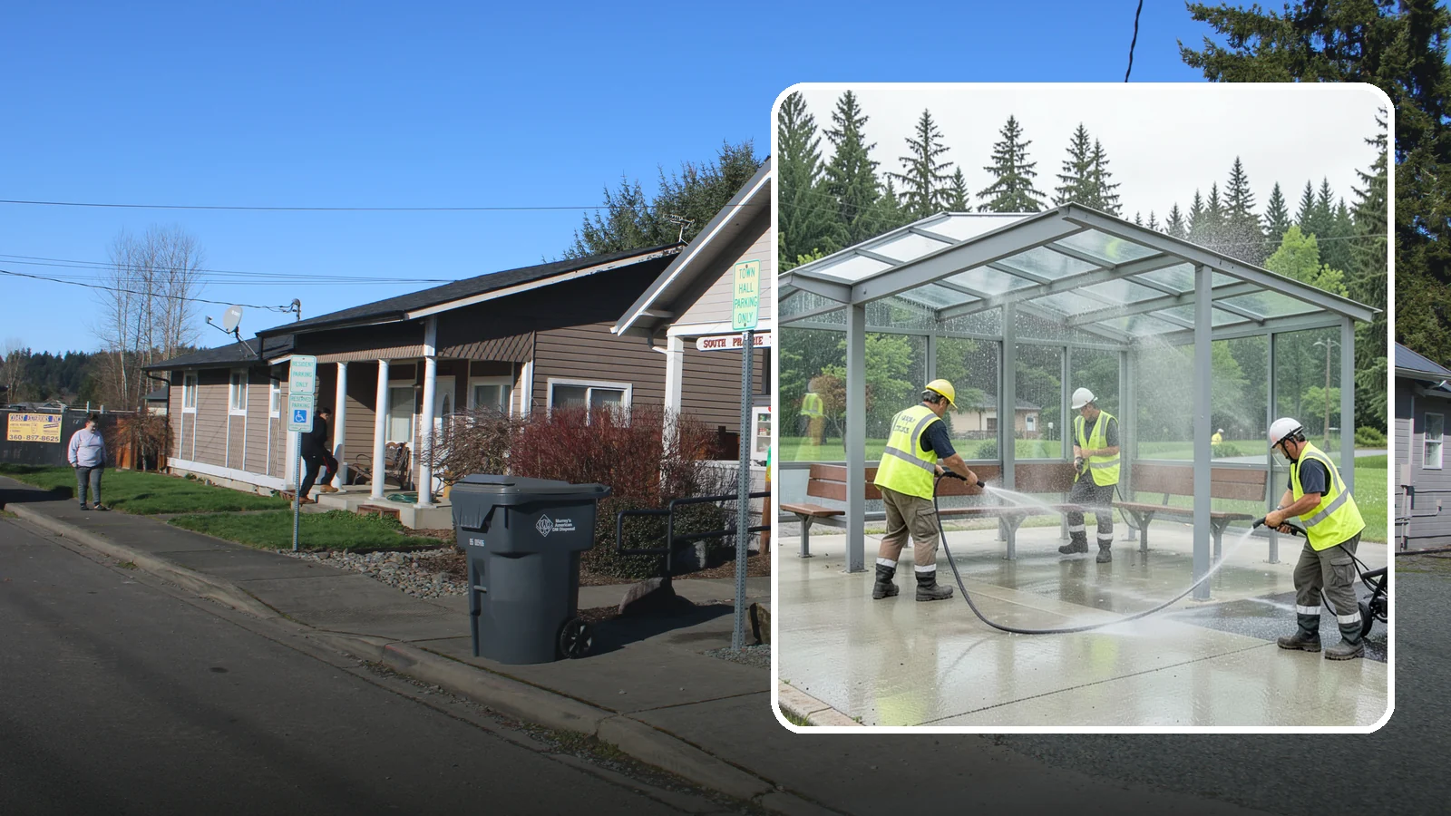 Transit Shelter Washing in South Prairie, Pierce County, WA - Wash transit shelters inside and out, including glass, roofs, and seating, for a clean and safe waiting environment.