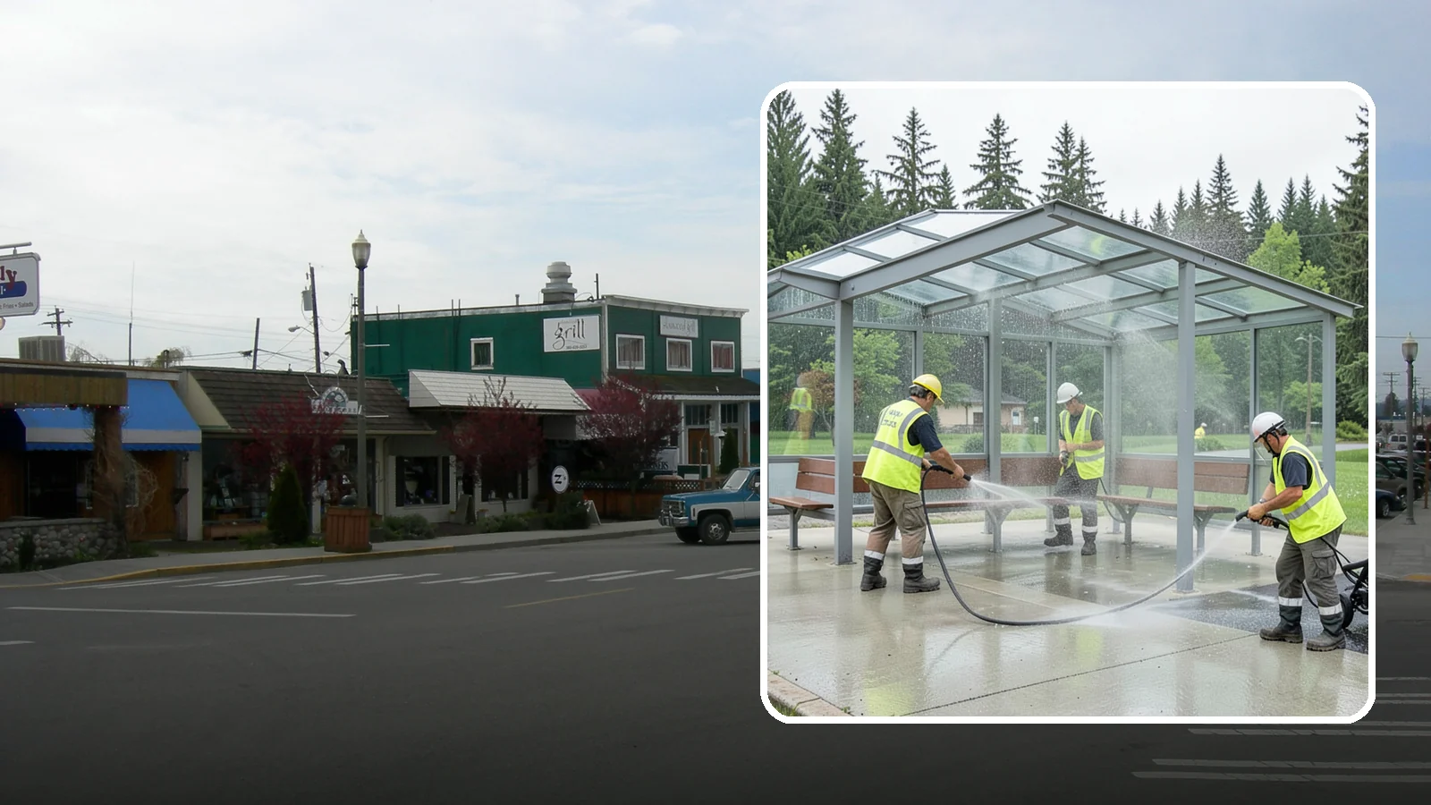 Transit Shelter Washing in Stanwood, Snohomish County, WA - Wash transit shelters inside and out, including glass, roofs, and seating, for a clean and safe waiting environment.