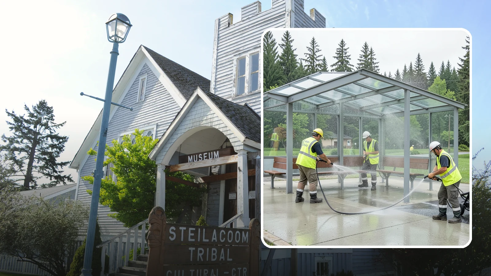Transit Shelter Washing in Steilacoom, Pierce County, WA - Wash transit shelters inside and out, including glass, roofs, and seating, for a clean and safe waiting environment.