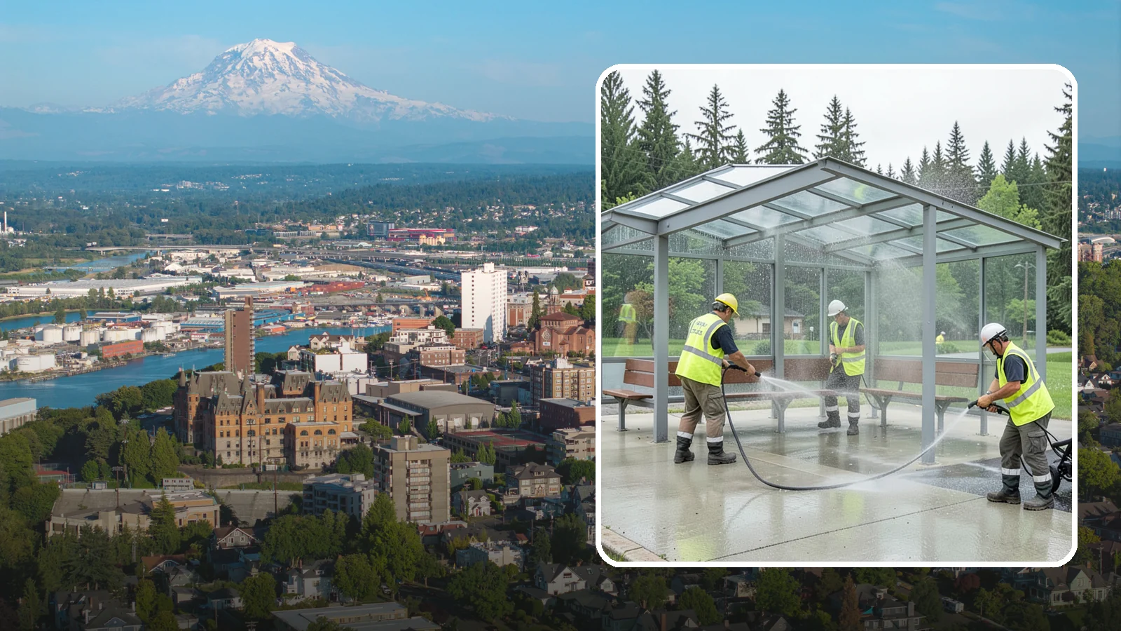 Transit Shelter Washing in Tacoma, Pierce County, WA - Wash transit shelters inside and out, including glass, roofs, and seating, for a clean and safe waiting environment.