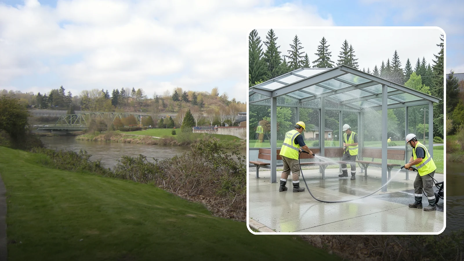 Transit Shelter Washing in Tukwila, King County, WA - Wash transit shelters inside and out, including glass, roofs, and seating, for a clean and safe waiting environment.