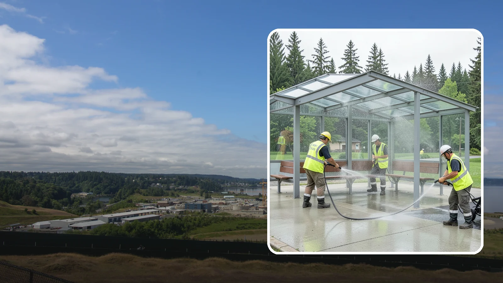 Transit Shelter Washing in University Place, Pierce County, WA - Wash transit shelters inside and out, including glass, roofs, and seating, for a clean and safe waiting environment.