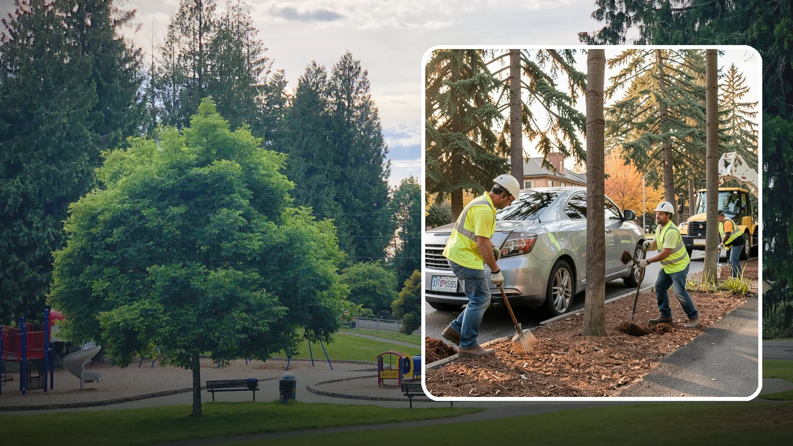 Tree Mulching in Bonney Lake, Pierce County, WA - Installation and refresh of mulch rings around public trees to conserve moisture, suppress weeds, and protect trunks from...