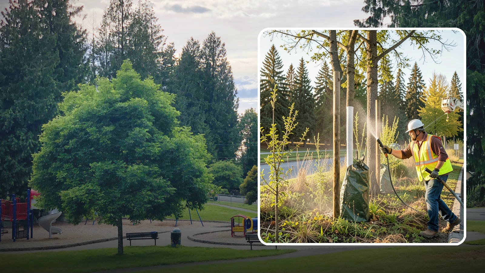 Tree Watering in Bonney Lake, Pierce County, WA - Scheduled establishment watering of young public trees through their critical first seasons to protect your planting investment.