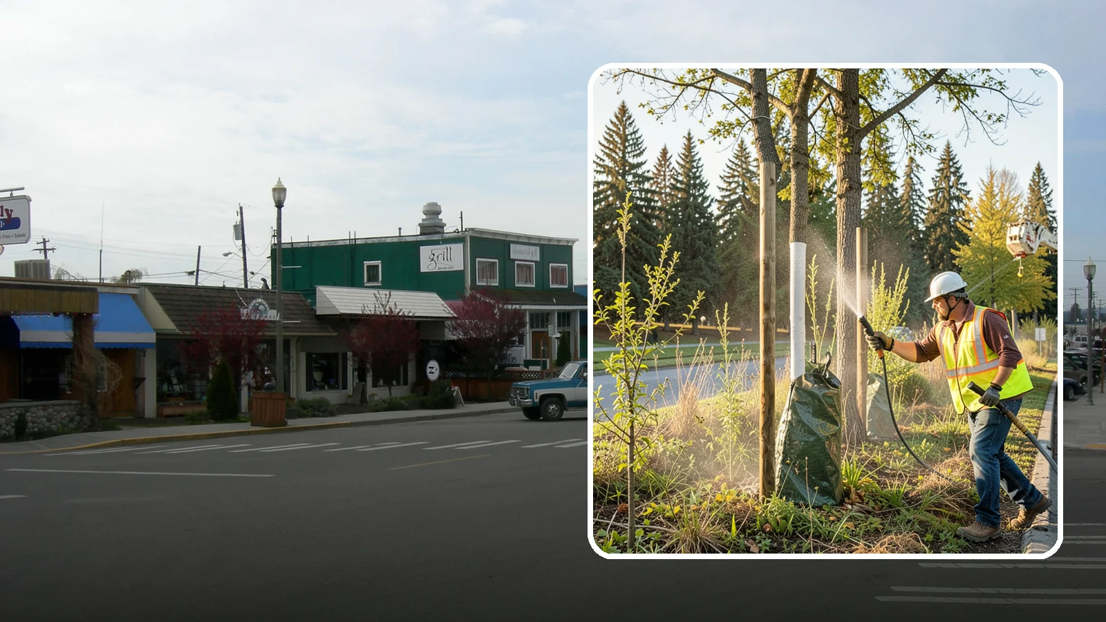 Tree Watering in Stanwood, Snohomish County, WA - Scheduled establishment watering of young public trees through their critical first seasons to protect your planting investment.