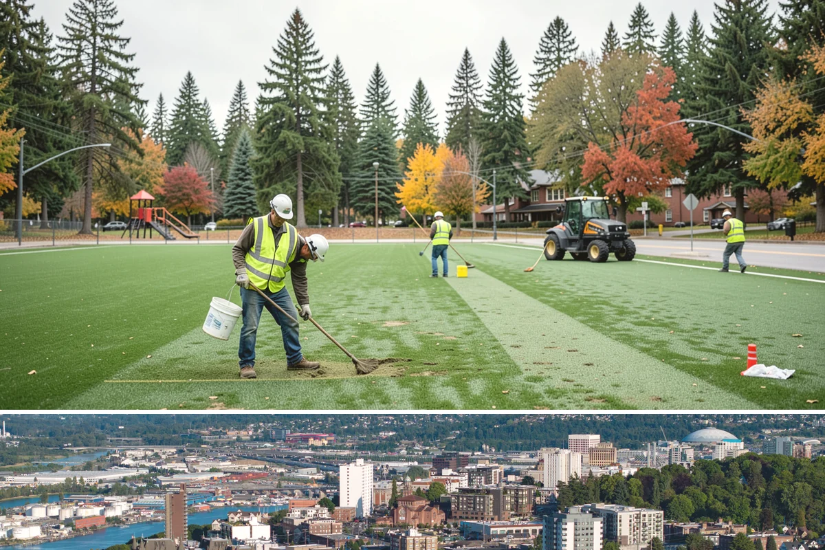 Turf Field Grooming in Tacoma, Pierce County, WA - Grooming is scheduled most frequently during the active playing season and after heavy-use tournament weekends.