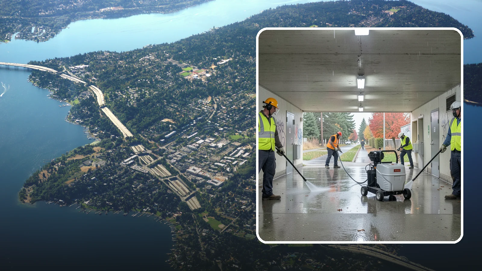 Underpass & Tunnel Cleaning in Mercer Island, King County, WA - We wash underpasses, tunnels, and pedestrian passages to remove grime, graffiti, and biohazards for Western Washington agencies.