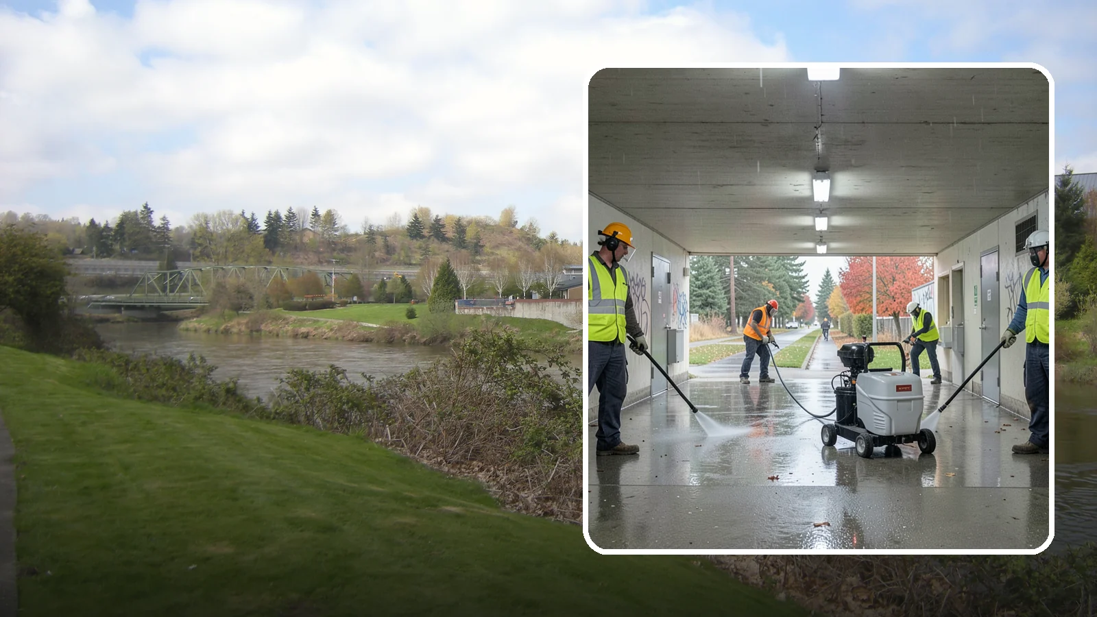 Underpass & Tunnel Cleaning in Tukwila, King County, WA - We wash underpasses, tunnels, and pedestrian passages to remove grime, graffiti, and biohazards for Western Washington agencies.