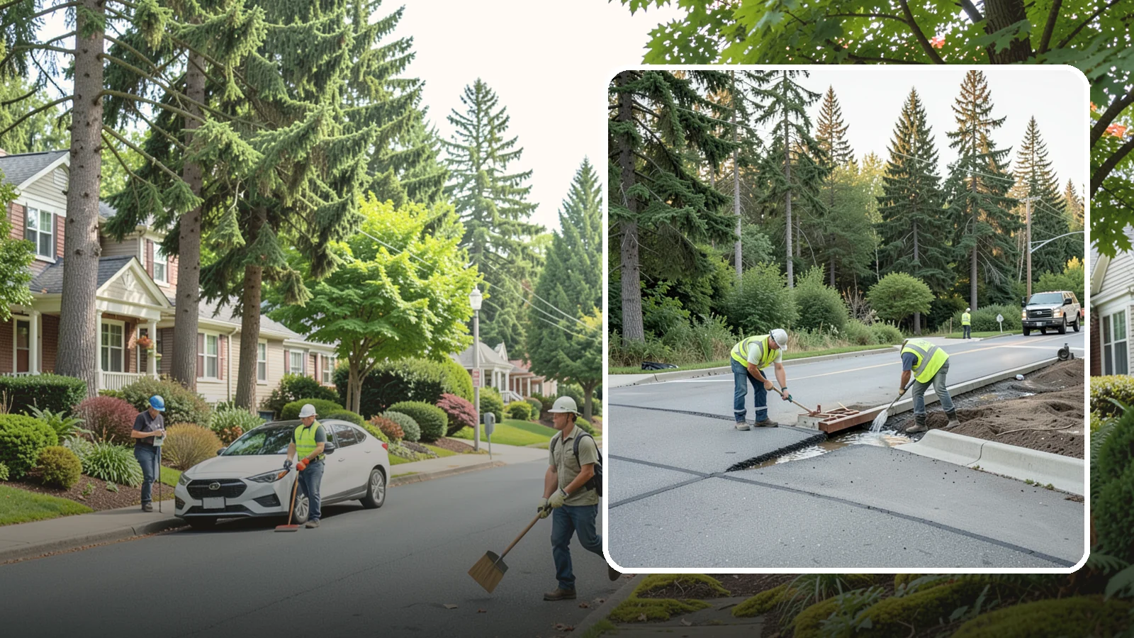 Valley Gutter Construction in Beaux Arts Village, King County, WA - Concrete valley gutters that channel surface runoff across intersections and parking areas.