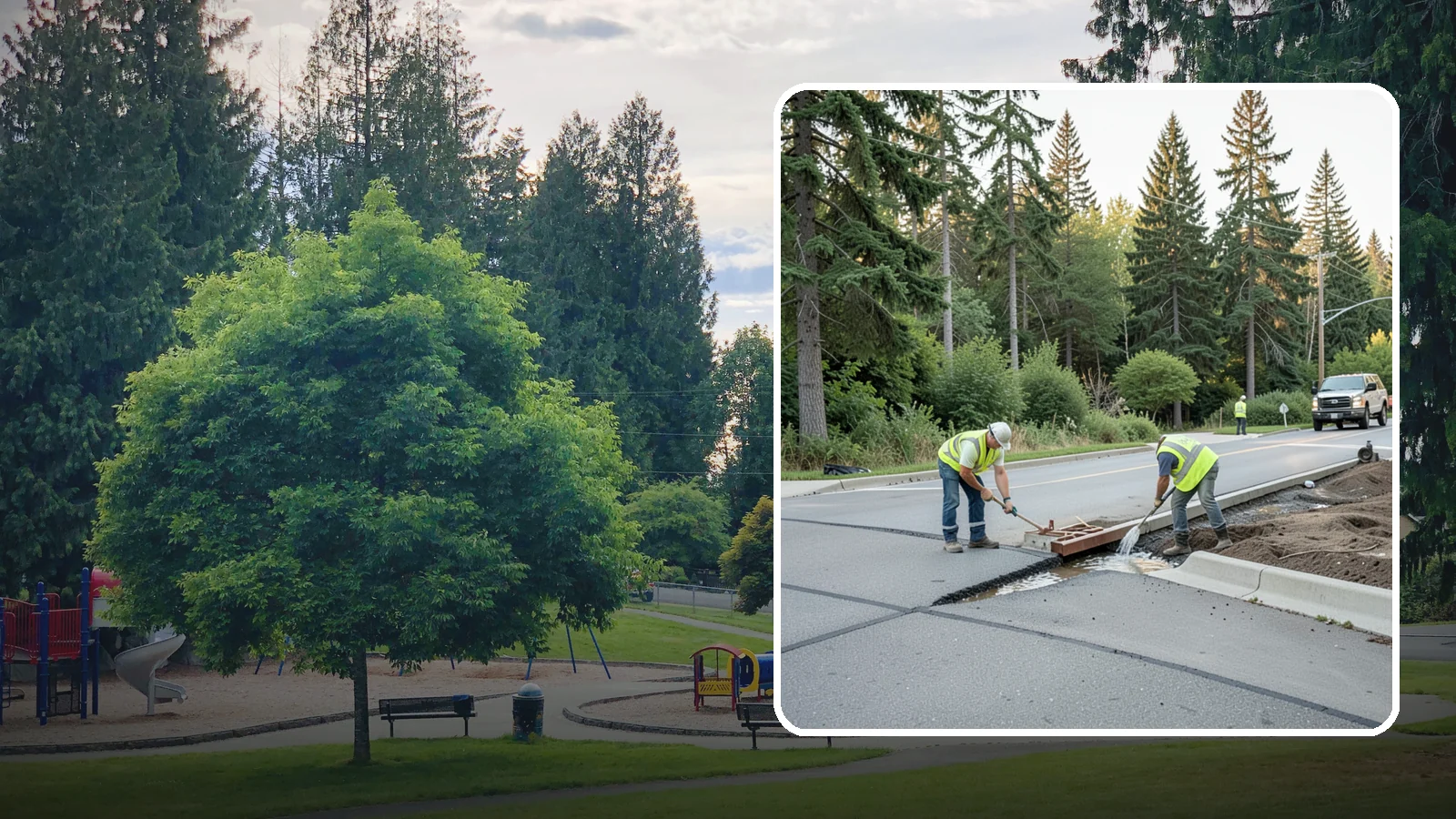 Valley Gutter Construction in Bonney Lake, Pierce County, WA - Concrete valley gutters that channel surface runoff across intersections and parking areas.