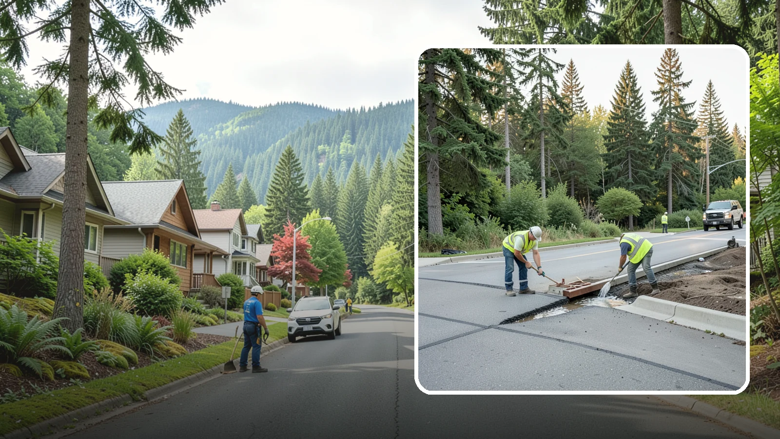 Valley Gutter Construction in Darrington, Snohomish County, WA - Concrete valley gutters that channel surface runoff across intersections and parking areas.