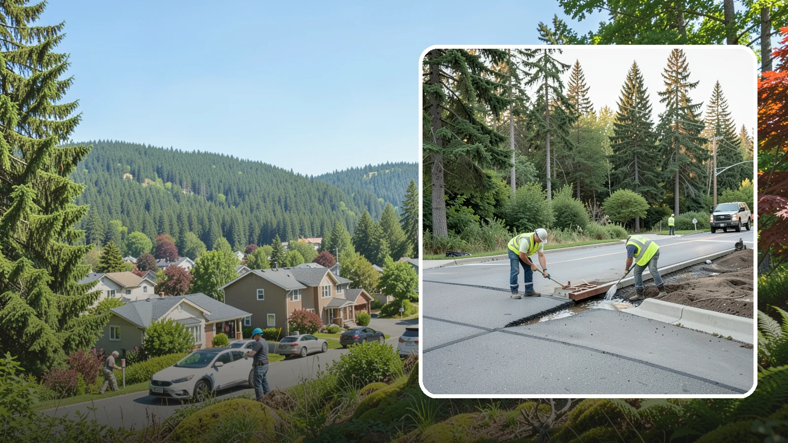 Valley Gutter Construction in Index, Snohomish County, WA - Concrete valley gutters that channel surface runoff across intersections and parking areas.