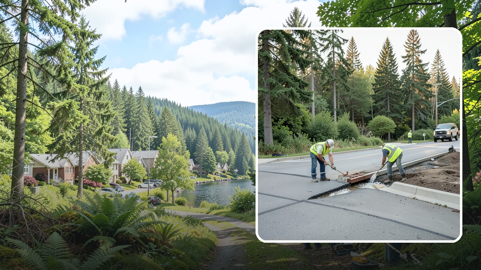Valley Gutter Construction in Lake Forest Park, King County, WA - Concrete valley gutters that channel surface runoff across intersections and parking areas.